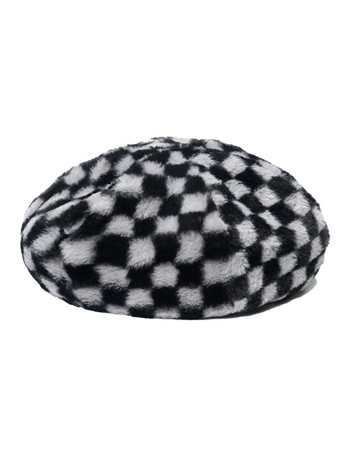 Fashion Grey Plush Checkerboard Beret