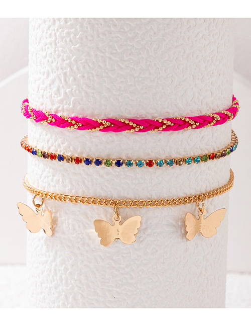 Fashion Gold Alloy Diamond Claw Chain Butterfly Three Layer Anklet