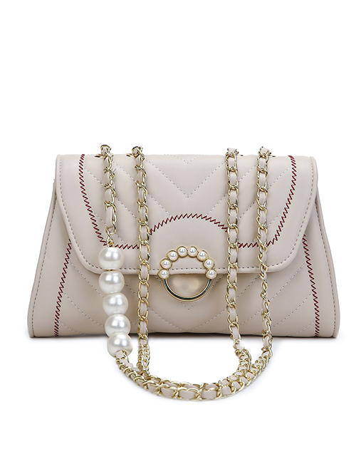 Fashion White Pu Chain Pearl Lock Flap Crossbody Bag