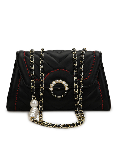 Fashion Black Pu Chain Pearl Lock Flap Crossbody Bag