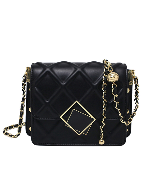 Fashion Black Pu Diamond Lock Flap Crossbody Bag