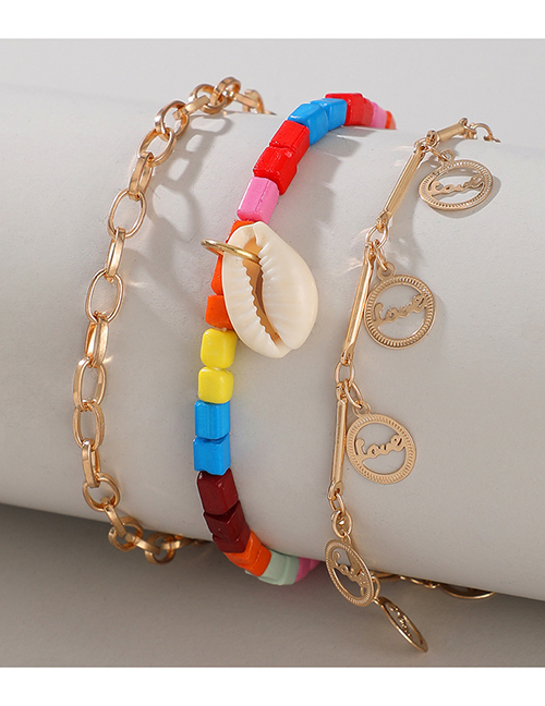 Fashion Gold Alloy Colorful Beaded Alphabet Medal Shell Anklet Set