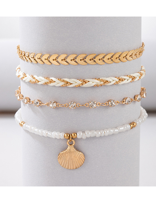 Fashion Silver Alloy Diamond Geometric Braided Beads And Shells Multilayer Anklet