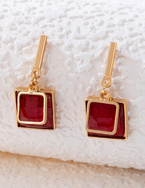 Fashion Gold Alloy Imitation Ruby Inlaid Square Stud Earrings