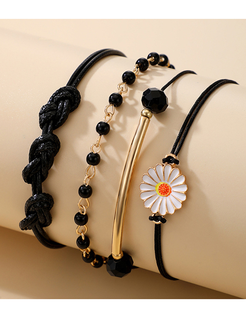 Fashion Black Cord Knotted Daisy Geometric Rice Beaded Multilayer Bracelet