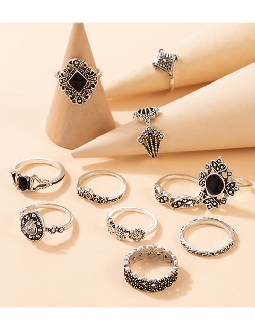 Fashion Silver Alloy Diamond Sunflower Drop Geometric Ring Set