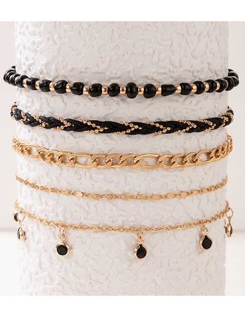 Fashion Gold Alloy Geometric Tassel Rice Beads Beaded Cord Braided Anklet Set