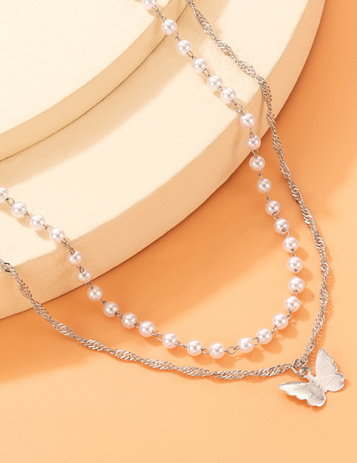Fashion Silver Alloy Pearl Chain Butterfly Double Layer Necklace