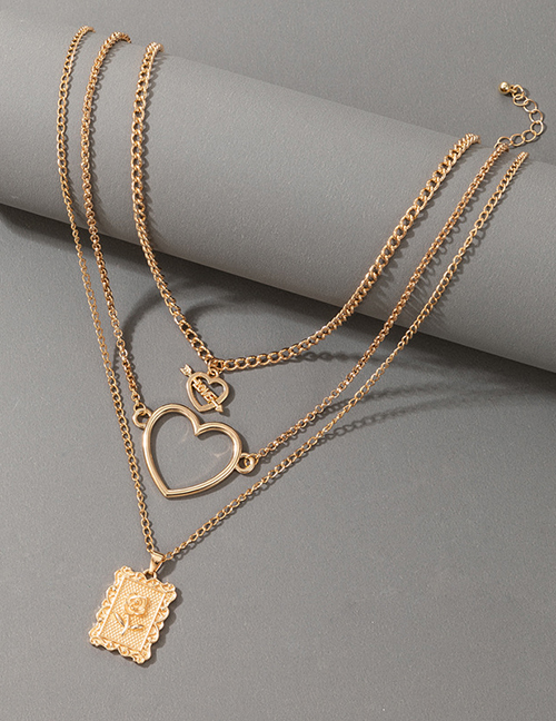 Fashion Gold Alloy Rose Square Brand Heart Multilayer Necklace