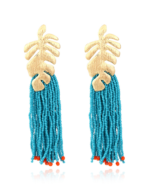 Fashion Peacock Blue Alloy Rice Beads Beaded Tassel Leaf Earrings