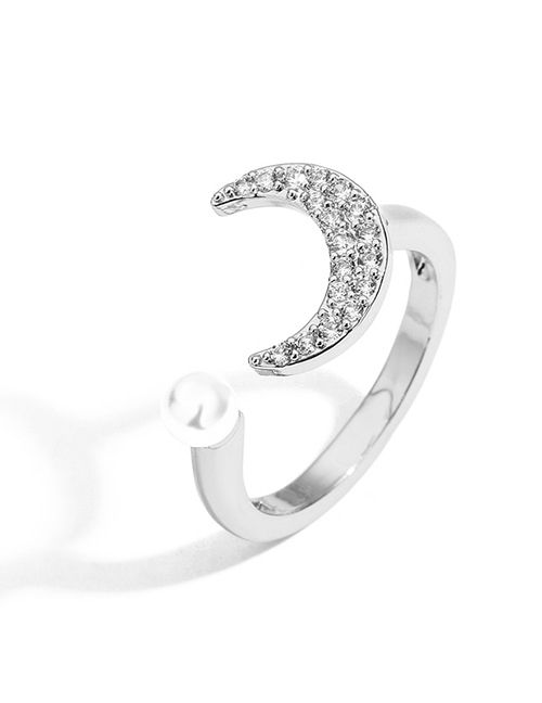 Fashion 1 White Gold Moon Geometric Diamond Moon Pearl Open Ring