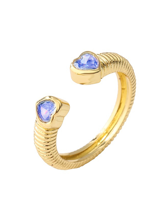 Fashion Golden Aquamarine Diamond Brass Zirconium Heart Open Ring