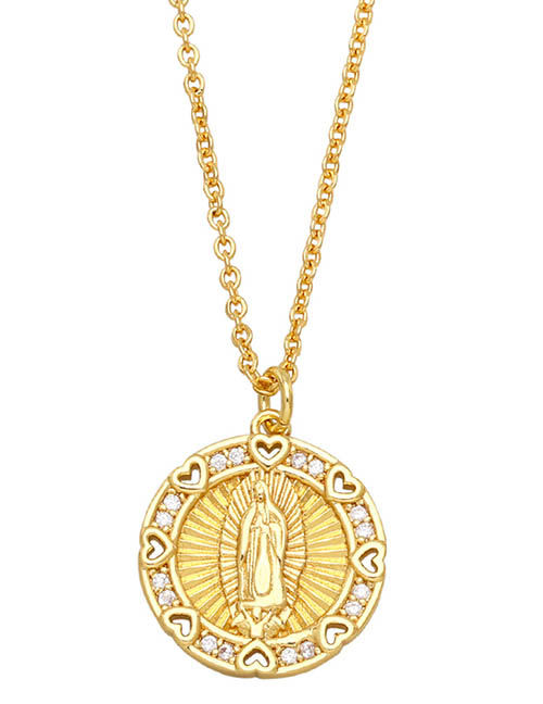Fashion White Zirconium Bronze Diamond Heart Medal Virgin Mary Necklace