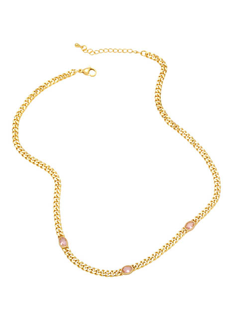 Fashion Pink Copper And Diamond Geometric Chain Necklace