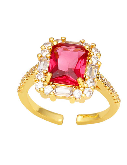 Fashion Red Brass Set Square Zirconium Geometric Ring