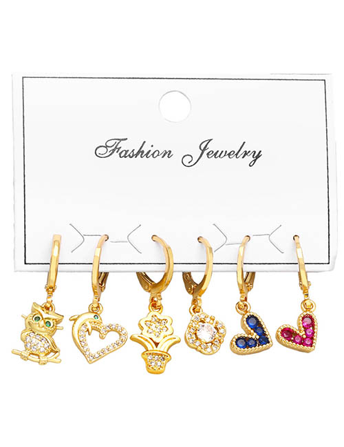 Fashion Gold Bronze Zirconium Heart Flower Owl Earring Set