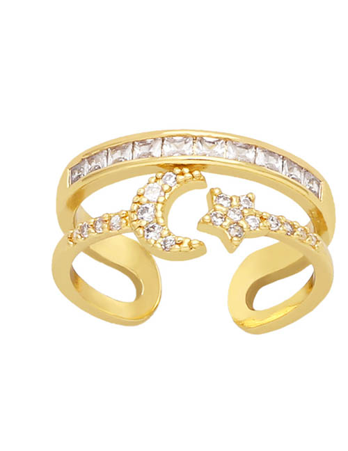 Fashion C Brass Diamond Star And Moon Open Ring