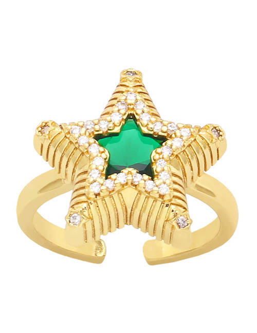 Fashion Green Bronze Zirconium Pentagram Open Ring
