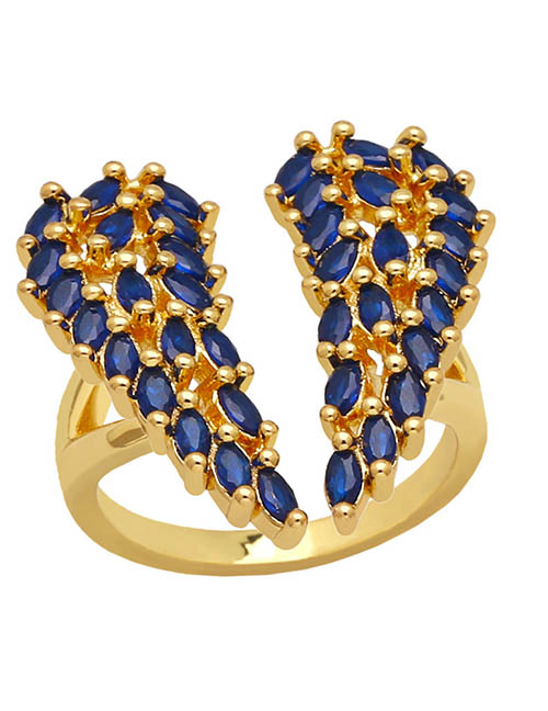 Fashion Blue Brass Diamond Wing Open Ring