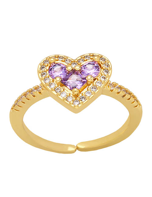 Fashion Purple Brass Diamond Heart Open Ring