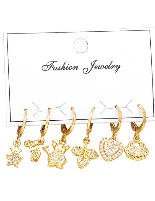 Fashion Gold Brass And Diamond Heart Leaf Pentagram Earrings Set
