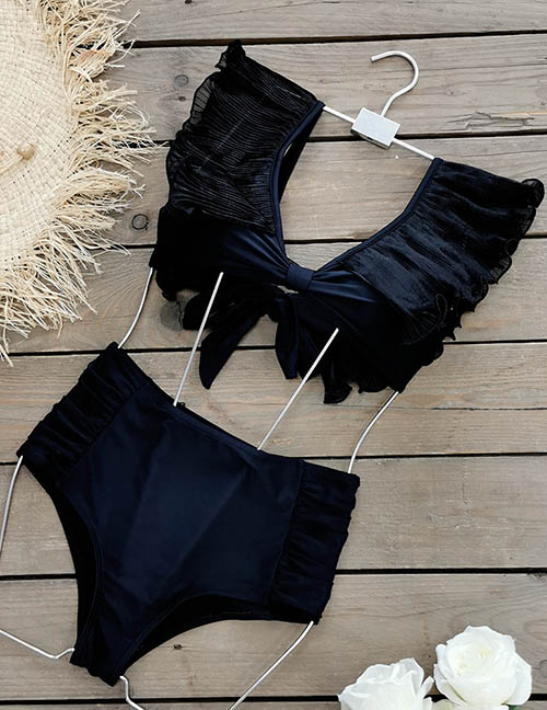 Fashion Black Solid Mesh Ruffled Swimsuit