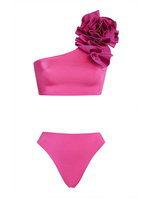Fashion Rose Powder Three-dimensional Large Flower One-shoulder Split Swimsuit