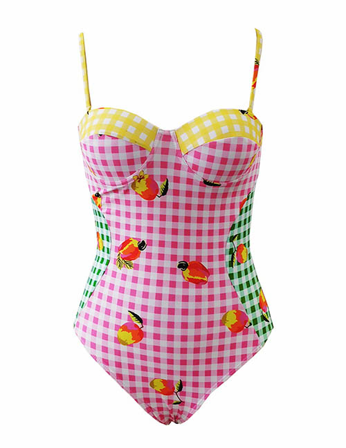 Fashion [swimsuit Only] Green Pink And Yellow Plaid Polyester Check Print One-piece Swimsuit