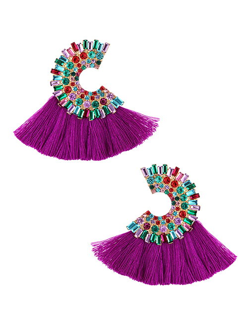 Fashion Purple Alloy Diamond C-shaped Tassel Stud Earrings