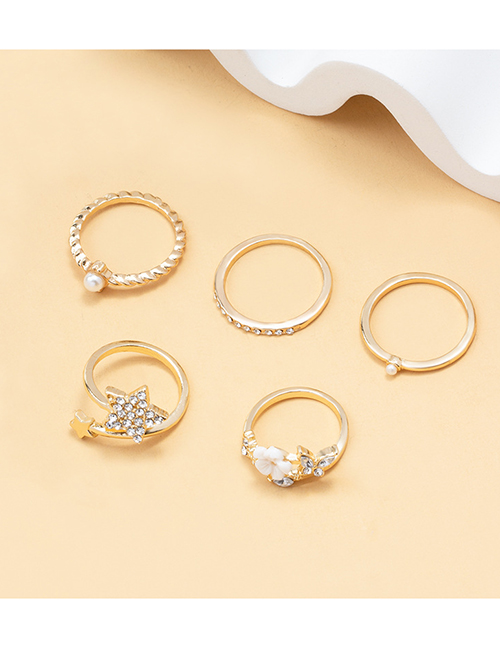 Fashion Gold Metal Diamond Pentagram Flower Ring Set