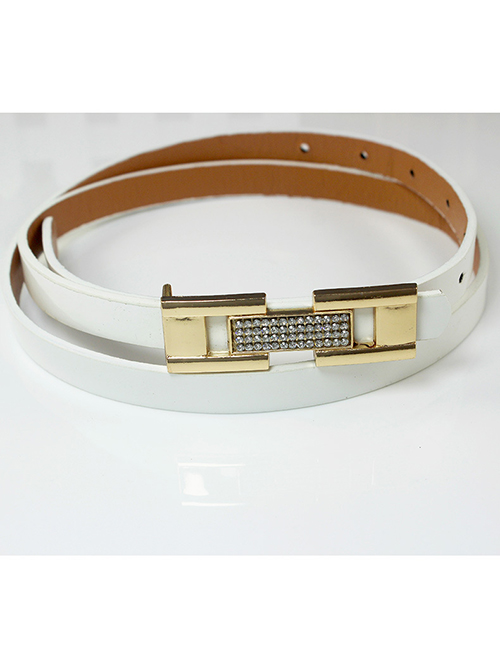 Fashion White Alloy Buckle Rhinestone Patent Leather Thin Belt