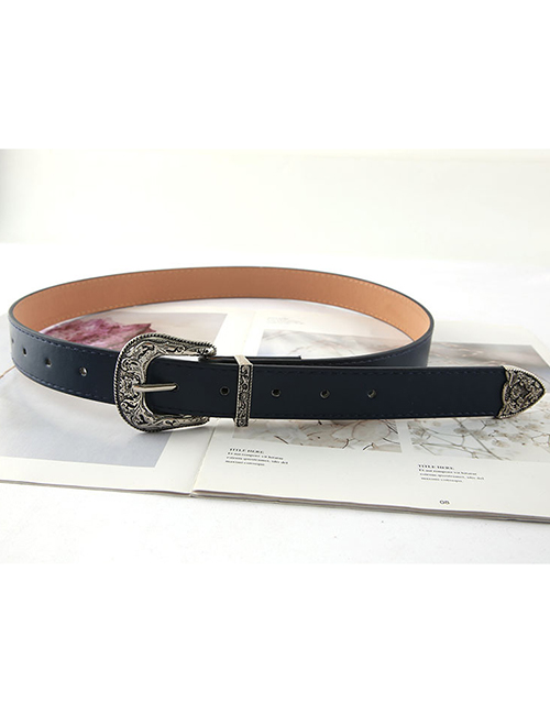 Fashion Navy Blue Faux Leather Engraved Square Buckle Wide Belt