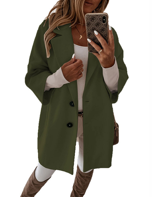 Fashion Armygreen Woolen Lapel Buttoned Coat