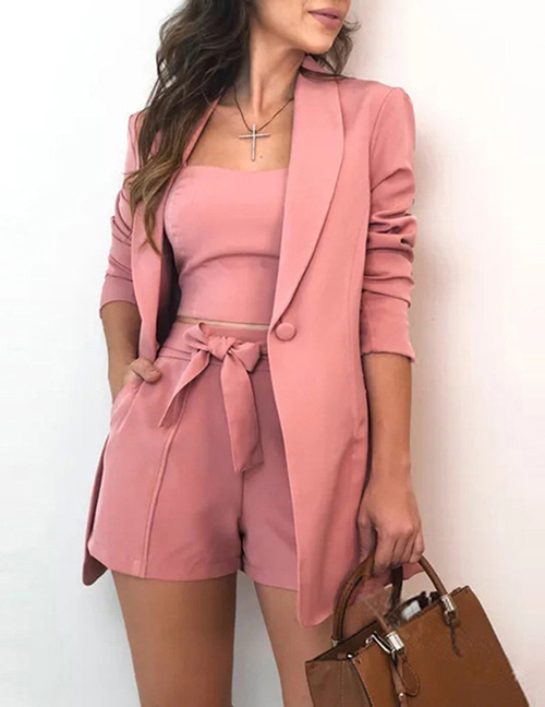 Fashion Pink Blended Single-button Lapel Blazer Lace-up Shorts Suspender Set