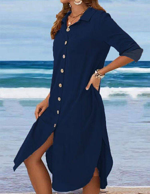 Fashion Navy Blue Long Sleeves Cotton And Linen Lapel Button-down Dress