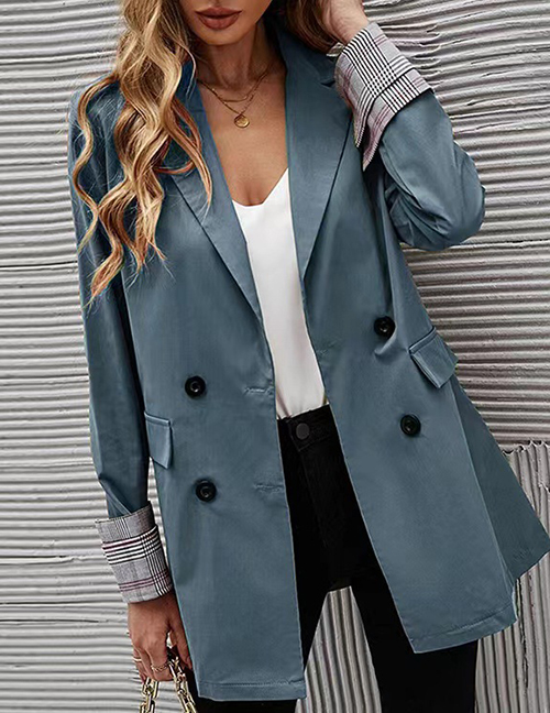 Fashion Peacock Blue Polyester Double-breasted Pocket Blazer