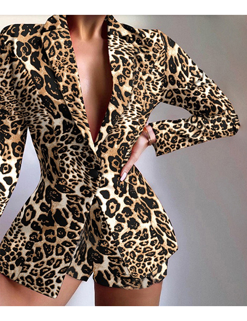 Fashion Leopard Print Polyester Print Single Button Blazer Shorts Set