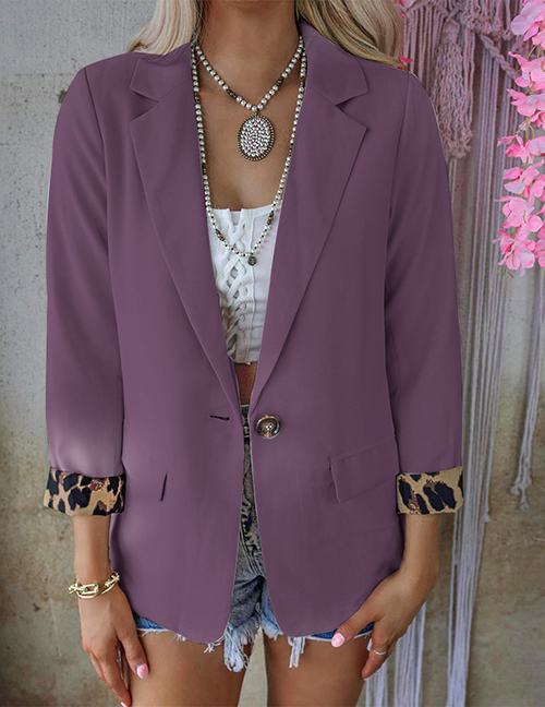 Fashion Purple Leopard-print Panelled Long-sleeve Pocket Blazer