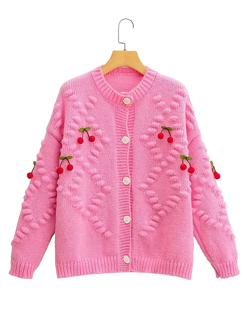 Fashion Pink Knit Cherry Crew Neck Button-down Cardigan