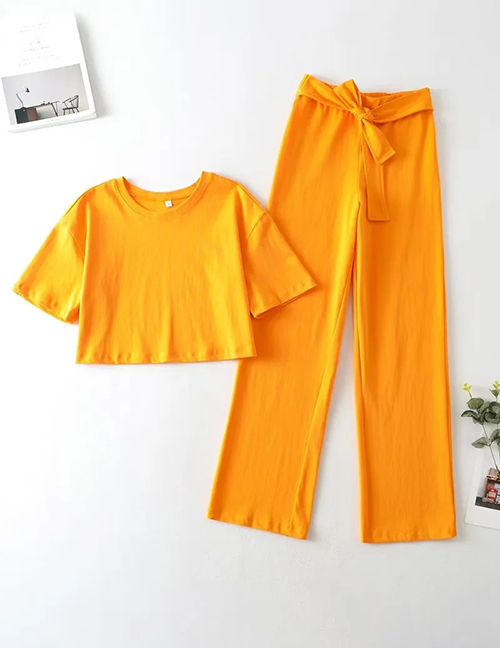 Fashion Yellow Solid Color Crew Neck Short Sleeve Lace-up Straight Pants Set