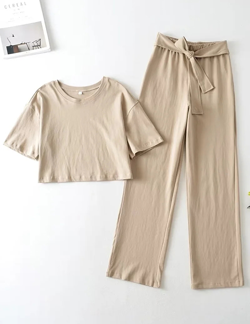 Fashion Khaki Solid Color Crew Neck Short Sleeve Lace-up Straight Pants Set