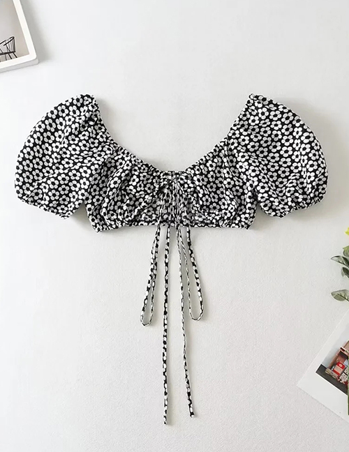 Fashion Black Printed Puff Sleeve Cropped Tie Top