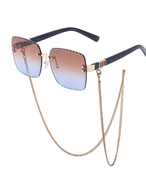 Fashion 3 Tea Blue [with Chain] Pc Square Large Frame Chain Fringe Sunglasses