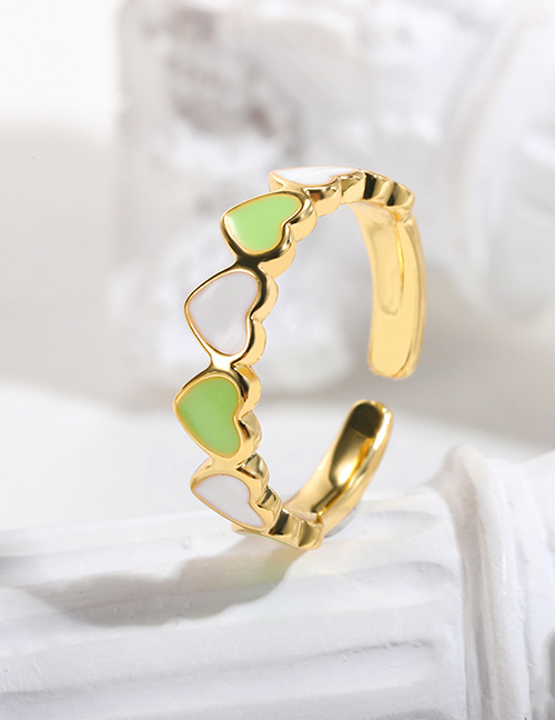 Fashion Green And White Copper Drip Oil Heart Open Ring