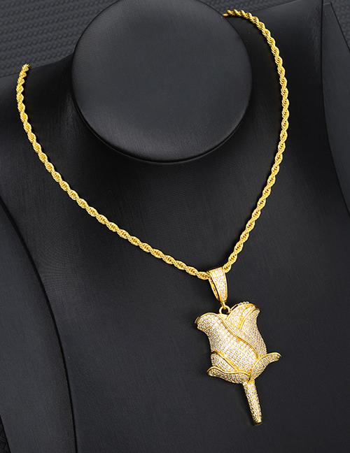 Fashion Gold Copper-inlaid Zirconium Three-dimensional Rose Necklace