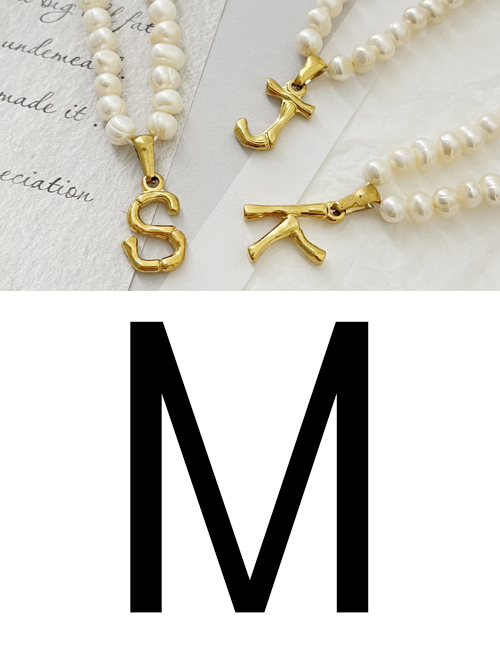 Fashion M Titanium Steel Pearl Beaded 26 Letter Necklace