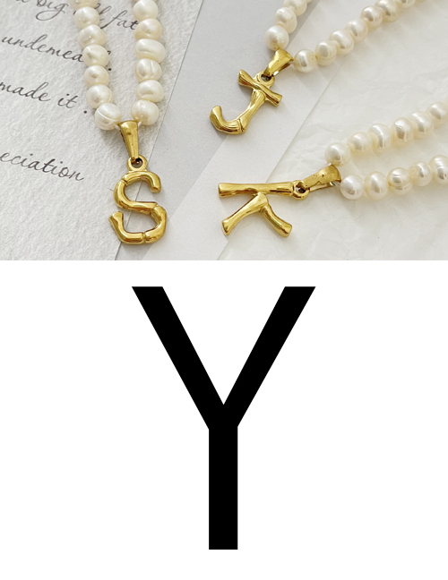 Fashion Y Titanium Steel Pearl Beaded 26 Letter Necklace