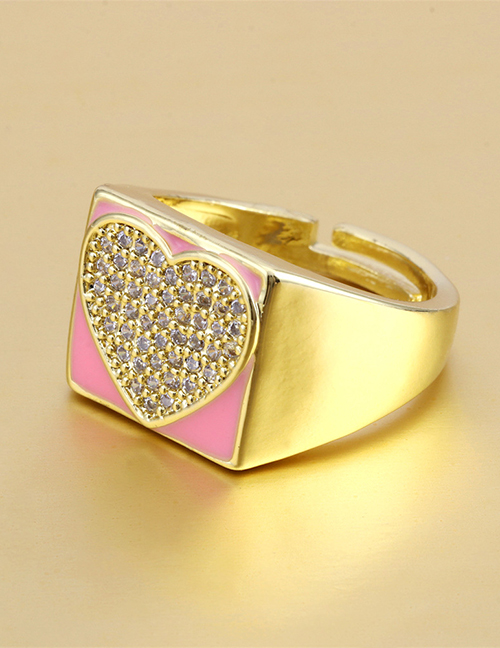 Fashion Pink Heart Brass Diamond Love Drip Oil Open Ring