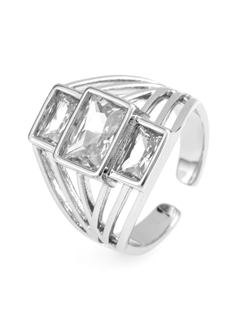 Fashion White Gold White Diamond Brass Set Square Zirconium Layered Open Ring