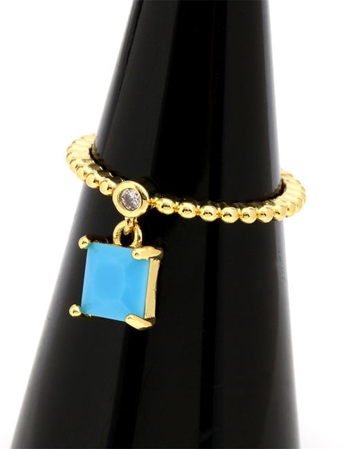 Fashion Blue Pine Square Brass Gold Plated Beaded Square Zirconium Open Ring